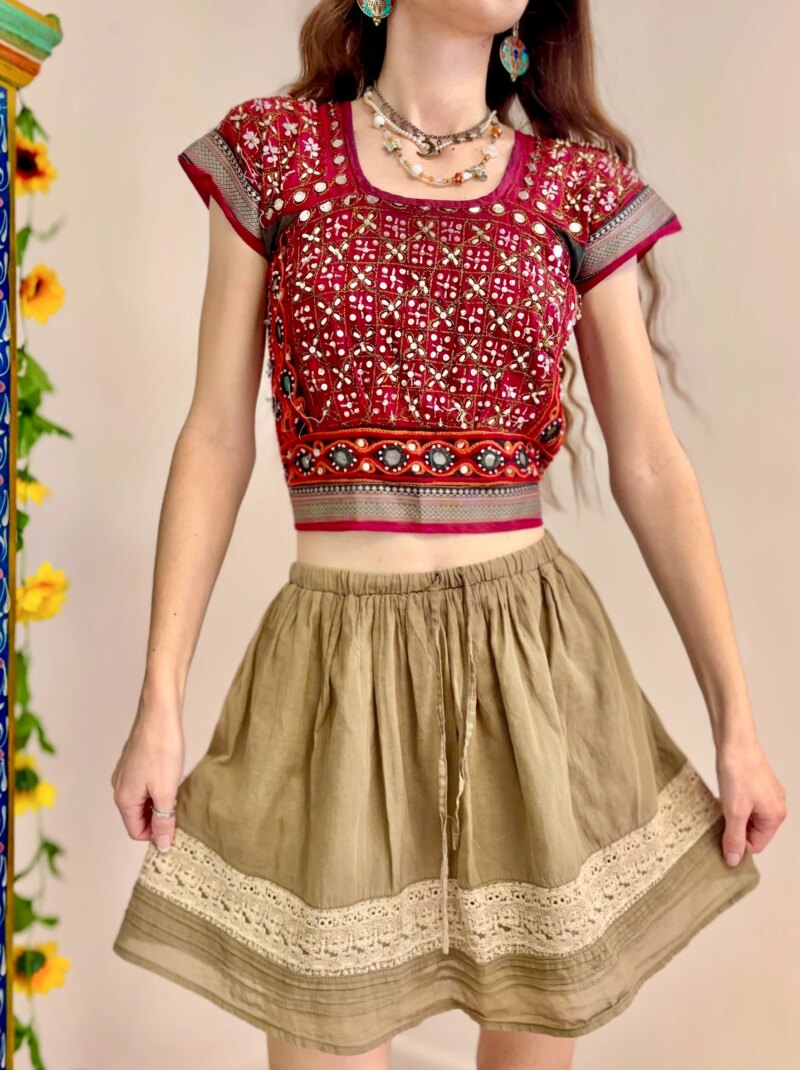 Elegant Embroidered Red Top With Khaki Skirt