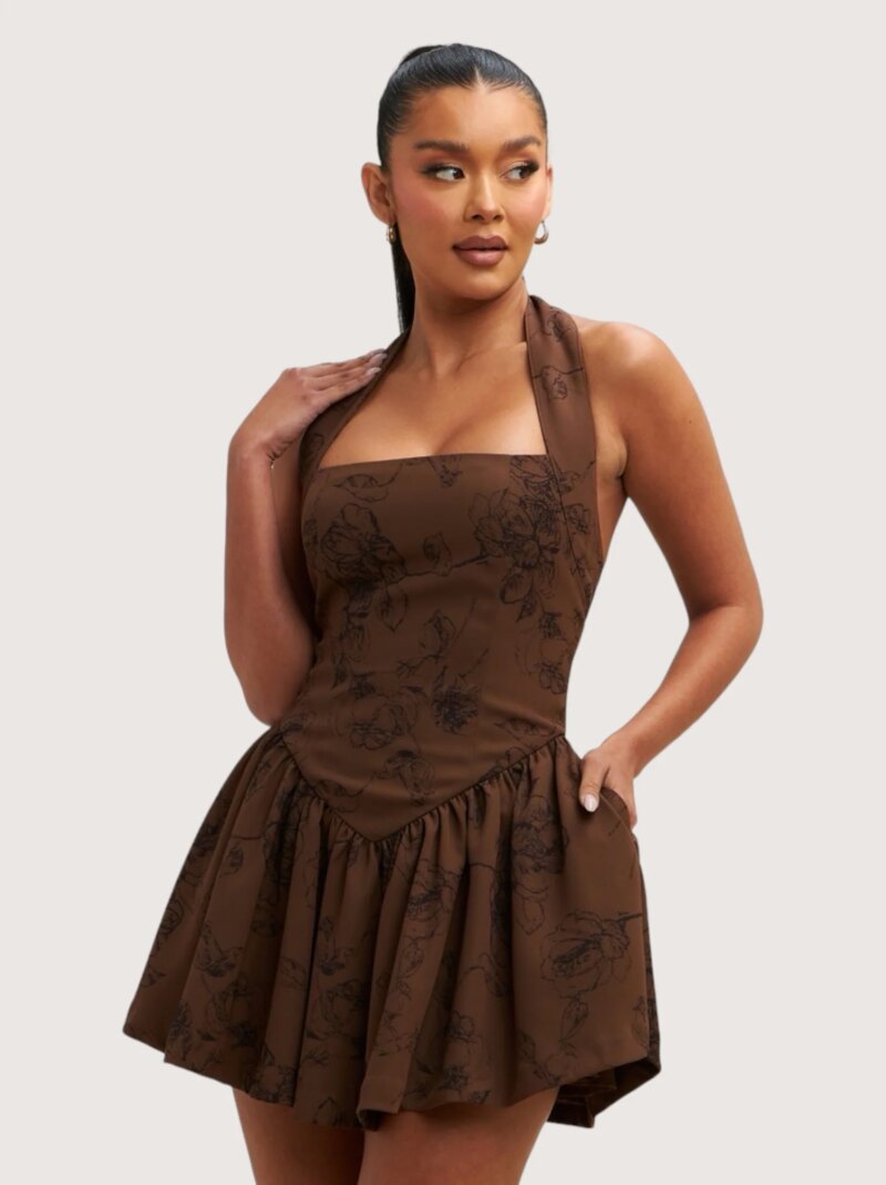 Floral Brown Halter Dress
